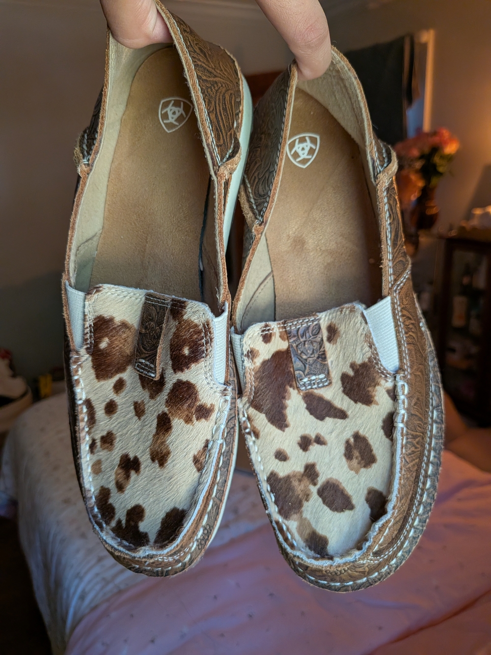 Ariat Brown and White Cowhide Slip-On Loafers